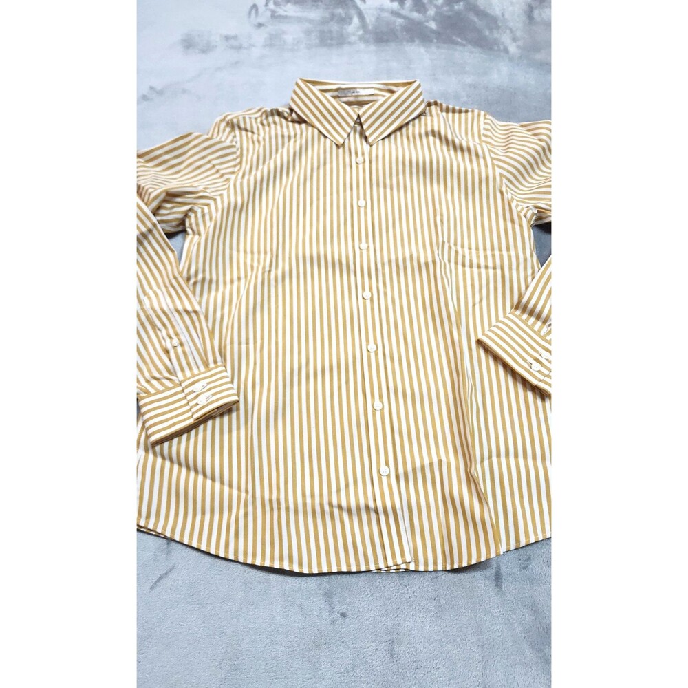 Lands End Womens Size 4 Yellow White Striped 3/4 Sleeve Button Down Shirt NWT